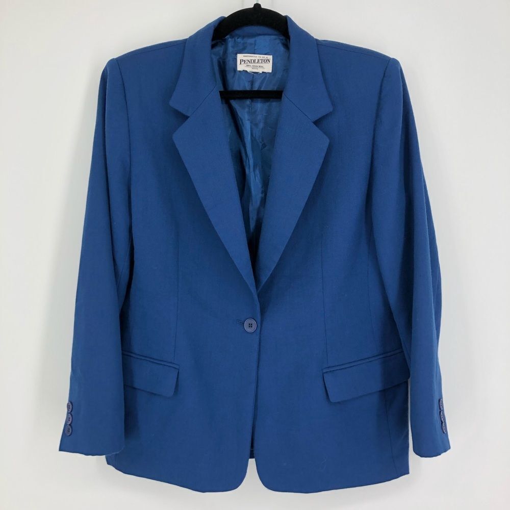 Vtg Pendleton Womens Blazer Petite Large Blue Wool Single Button Academia Career